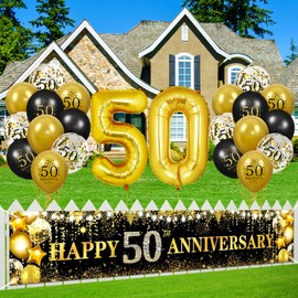 50th Golden Wedding Anniversary Decorations - Black Gold Happy 50th Anniversary Yard Banner and 59pcs Foil Number 50 Balloons