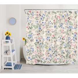 AUEEA Blue and Pink Wildflower Shower Curtain for Bathroom Green Plant with Floral Shower Curtain Aesthetic Cottagecore Botanical Beige Shower Curtain Set with Hooks,72x72 inch