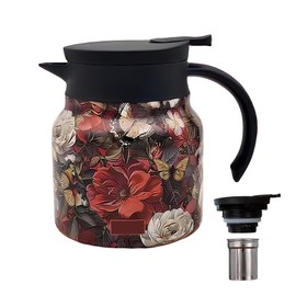 YDCZTYGY Vintage Floral Pattern Thermos Built in Infuser Stainless Steel Insulated Teapot with Handle and Lid (Red)