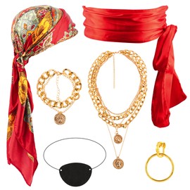 Chanaco 6Pcs Pirate Costume Accessories for Women Pirate Party Favors Cosplay Decorations Eye Patch Bandana Headband Scarf Necklace Sash Belt for Adult