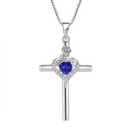 FJ Cross Necklace for Women 925 Sterling Silver December Birthstone Necklace Tanzanite Pendant Rose Flower Jewellery Gifts for Women Mom Wife Girls Her