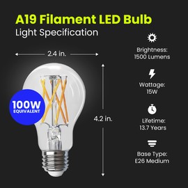 Feit Electric A19 LED Light Filament Bulb, 100W Equivalent, Dimmable, E26 Base, 5000K Daylight, Vintage Edison Clear Glass Light Bulb for Home, Office, 13-Year Lifetime, A100CL950CA/FIL/2/4, 8 Pack