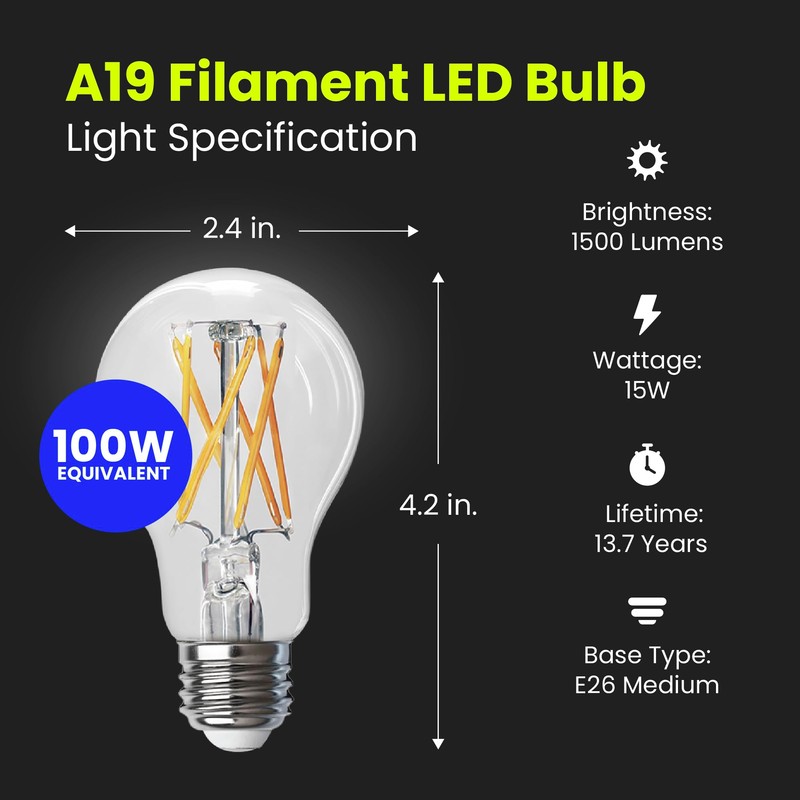 Feit Electric A19 LED Light Filament Bulb, 100W Equivalent, Dimmable,