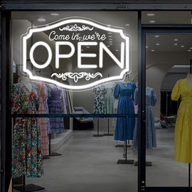 LED Neon Come In We're Open Sign for Business Store Storefront Glass Window Door Bar Cafes Restaurant Barber Wall Decor, Light Up We're Open Lighted Business Sign 16 Inch Eletric Powered Red