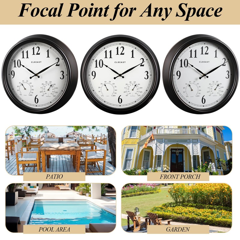 CLXEAST 16" Outdoor Clocks Waterproof with Thermometer & Hygrometer,Black