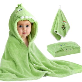 shengo Baby Bath Towel 80 x 120 cm, Children's Hooded Towel with Coral Fleece Towel, Thick and Ultra Soft Bath Towel, Cute Animal Bath Towel, Beach Towel with Hood for Baby Boys Girls (Green)