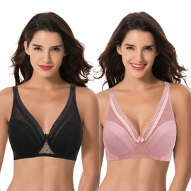 Curve Muse Women's Plus Size Unlined Minimizer Full Coverage Mesh Underwire Bra-2pack-Black,Pink-38DDD