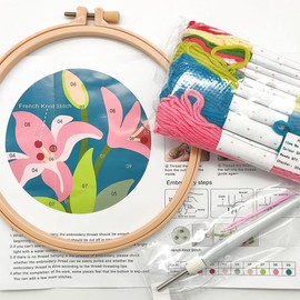 Punch Needle Set Anfänger, Punch Needle Kit, Stickerei Set, Punch Needle Embroidery Starter Kit, Mit Stickrahmen, Punch Needle, Punch Needle Stoff, Fäden, Einfädelhilfe (Lilien)