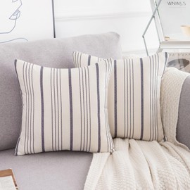 LRartdeco Boho Cushion Cover, 40 x 40 cm, Beige Cushion Cover, Blue Stripes, Decorative Cushion Cover, Modern Simple Couch Cushion, Linen Decorative Cushion Covers for Sofa, Living Room, Bedroom