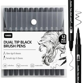 Vakki Pack of 12 felt tip pens, black dual brush pen, fineliner black (0.4 mm) + brush tip (1-2 mm), water-based ink, quick drying, ideal for drawing, sketching