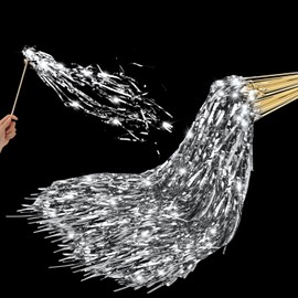 24pcs Lighted Wedding Wands Send off, LED Ribbon Stick with Shiny Foil Tinsel Glitter Hand Light up Streamers for Bridal Baby Shower Birthday Party Celebration (Silver)