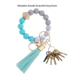 EMSea Keychain with Beaded Bracelet & Leather Tassel Creative Key Holder Portable Wristlet Bangle Chain Small Surprise Present Key Accessories Lake Blue