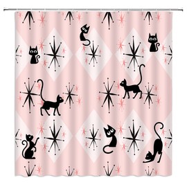 JIRGIXA Mid Century Atomic Black Cat Shower Curtain Pink Black Atomic Cat Starbursts Abstract Geometric Minimalist Funny Cat Boho 1950s 60s 70s Fabric Bathroom Decor Curtain Sets with Hooks