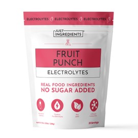 JUST INGREDIENTS Fruit Punch Electrolytes: mezcla de bebida hidratante de 30 porciones con agua de coco, sal marina y minerales traza: favorece la hidratación, la recuperación y la electrolisis.