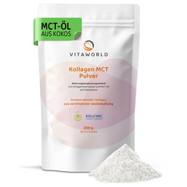 Vitaworld Collagen MCT Powder - Collagen MCT Powder with Collagen from Grazing (30 Ports) 300 g Grassfed - Tasteless, Well Soluble, No Additives - Medium Chain Triglycerides Made of Coconut