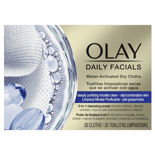 Olay Daily Facials Water Activated Dry Wipes, Oily Combination Skin, 30 Wipes