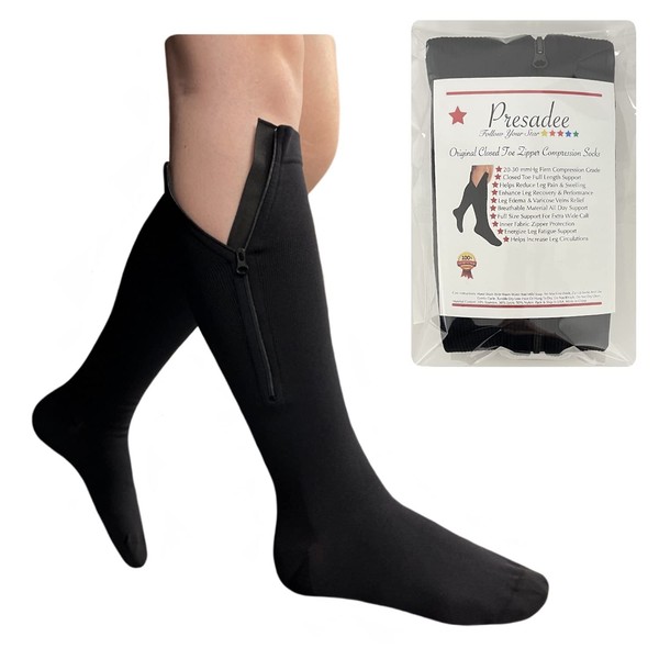 (S/M, Black) - Presadee Original Closed Toe 20-30 mmHg YKK Zipper Compression Circulation Swelling Recovery Full Calf Length Energise Leg Socks (Black, S/M)