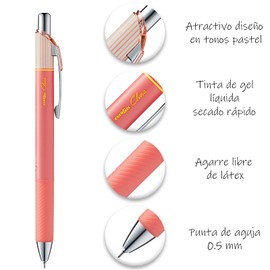 Pentel EnerGel Clena Bolígrafo Tinta Gel Líquida, Retráctil, Punto Fino, 0.5 mm, Cuerpo Rosa, Tinta Roja, Caja con 10 Piezas, BLN75L-B