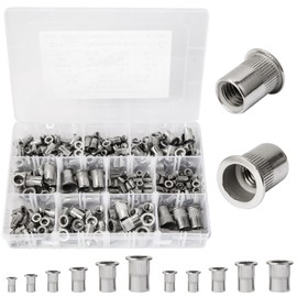 SHAOHUA 225PCS Rivet Nut Kit Rivnuts #8-32#10-24 1/4’’-20 5/16’’-18 3/8’’-16 M3 M4 M5 M6 M8 M10 Flat Head Threaded Insert Nutsert, 304 Stainless Steel Rivet Nuts Assortment Kit, Hardware Nuts