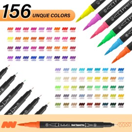 LIULIUCAI Duo Tip Brush Coloring Pens,156 Colors Art Markers Set,Fine & Brush Tip Pen For Kids Adults Coloring Book Bullet Journals Planner Writing Drawing Note Taking