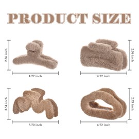 Yonchic 4-Piece Faux Fur Hair Clips, Different Shape Hair Claws for Thin/Medium Thick Hair, Strong Hold Clamps, Non-Slip Catch Clip Accessories (Coffee)