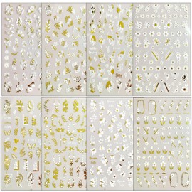 8 Sheets Flower Nail Art Stickers White Gold Flowers Nail Decals Summer Daisy Flowers Nail Sticker Geometric Lines French Decals Cute Leaves Butterfly Adhesive Nail Sliders DIY Nail Decor for Women
