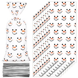 JarThenaAMCS 100Pcs Christmas Cellophane Treat Bag Cute Snowman Face Plastic Candy Cookie Bags Cello Goodie Bags with Twist Ties for Xmas Winter Party Favors