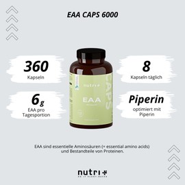 EAA Capsules Vegan & High Dose - 360 Mega Caps of 750 mg - 8 Essential Amino Acids - EAAs 6000 (Essential Amino Capsules) - Protein Capsules - Amino Supplement - Amino Acid Complex