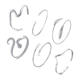 BROCC 6PCS Gold Arm Cuff Bracelet for Women Upper Armlet Armband Bangle Adjustable Coil Swirl Armband Set Upper Arm Cuff Bracelets Jewelry