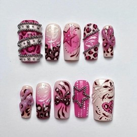 Early 2000s Chic Press On Nails Y2K Leopard Print Nail Set with 3D Bows and Star Accents Pink Glam False Nails for Party or Everyday Wear Glossy Black & White Design with Silver Chrome Beads:_Coffin_XS