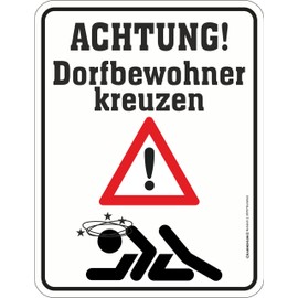 Decorative Tin Sign for Village Children: Achtung Dorfffest - Dorfwohner kreuzzen