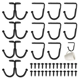 Pack of 12 Hooks for Under Shelf, Cup Hooks Under Cabinet Metal with Screws, Cup Holder Cupboard Kitchen Hooks Black for Cups Utensils Coat Hat Tie and Planter