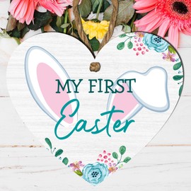 My First Easter Wooden Heart Plaque | Rabbit Ears & Floral Design | Soft Grey Wood Effect | Ideal Home Decor, Gift Hampers, Tree Ornament | Cherished Springtime Keepsake