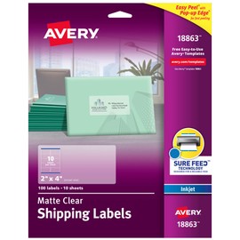 Avery Matte Clear Shipping Labels, Sure Feed Technology, Inkjet, 2" x 4", 100 Labels, 5 Packs (18863)
