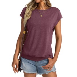 Micticsi Womens Crewneck Cap Sleeve T Shirts Banded Bottom Top Loose Fit Short Sleeves Tee Casual Summer Basic Tops 2025 Wine Red