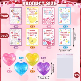 24 Pack Valentines Heart Stress Ball with Greeting Cards for Kids Classroom Gift Exchange Squeeze Relief Balls Fidget Stretchy Toys for Boys Girl Valentines Day Party Favors Supplies