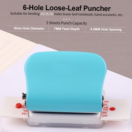 6 Hole Puncher, Leepesx Loose Leaf Paper Puncher for A4 A5 B5 Notebook Scrapbook, Handheld Metal Circle Paper Puncher with 5 Sheet Punch Capacity (Green)