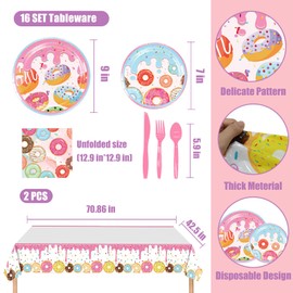 SaSbSc Two Sweet Birthday Party Supplies16 Set Tableware with Donut Plates Napkins and Tablecloth Donut Theme Party Decorations for Girl 2nd Birthday