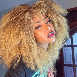 ISAMY Long Curly Wigs for Black Women Afro Bomb Curly Wig with Fringe Synthetic Fibre Glue-Free Long Afro Kinky Curly Hair (Ombre Blonde)