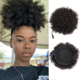 FEIPRO Afro Puffs Large Human Hair Buns Natural Drawstring Ponytail Extensions Updo Chignon 8 Inch Natural Black for Black Women Girls