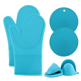 COOK WITH COLOR Silicone Oven Mitts- Heat Resistant Gloves with Soft Quilted Lining Oven Mitt Pot Holders for Cooking and BBQ, Teal, Mitt Set