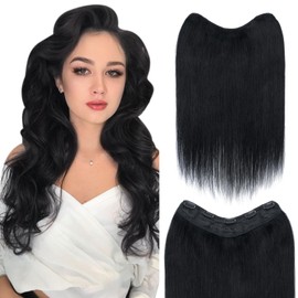 SLEEKALON Black Real Human Hair One Piece Clip in Hair Extensions 3/4 Full Head Clip on Hair Extensions for Women V-Shaped Weft Clip in Hair Extensions Silky Straight Thick Ends(18",Jet Black)