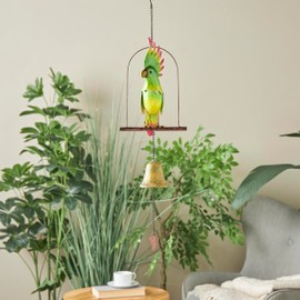 Deco 79 Metal Parrot Handmade Perched Windchime with Hanging Bell, 10" x 14" x 32", Green