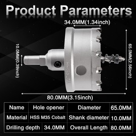 KATUR TCT Hole Saw Carbide Drill Bit 65 mm Tungsten Carbide Tipped Hole Drill High Performance Industrial Hole Drill Bit for Stainless Steel, Metal, Iron, Alloy, Copper, Wood, Plastics