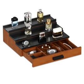 Takywep Cologne Organizer for Men, Wooden Perfume Organizer with Drawer Storage and Hidden Compartment, 3-Tier Black Fragrance Display Risers, Valentine's Day Gifts, Birthday Gifts