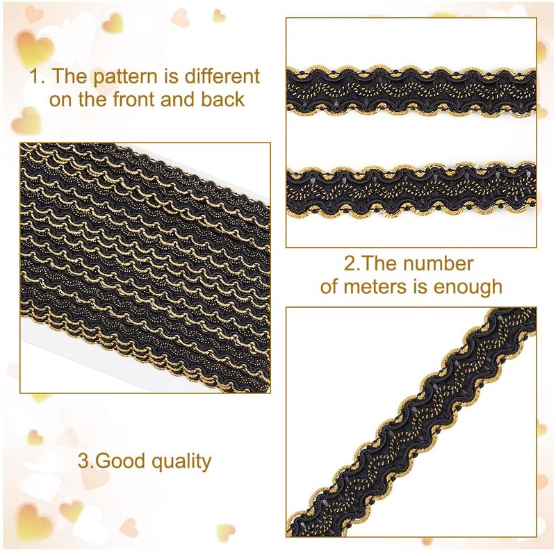 DELORIGIN 13 Yards Black Braid Trim, 15mm/0.6" Decorative Gimp Ribbon,