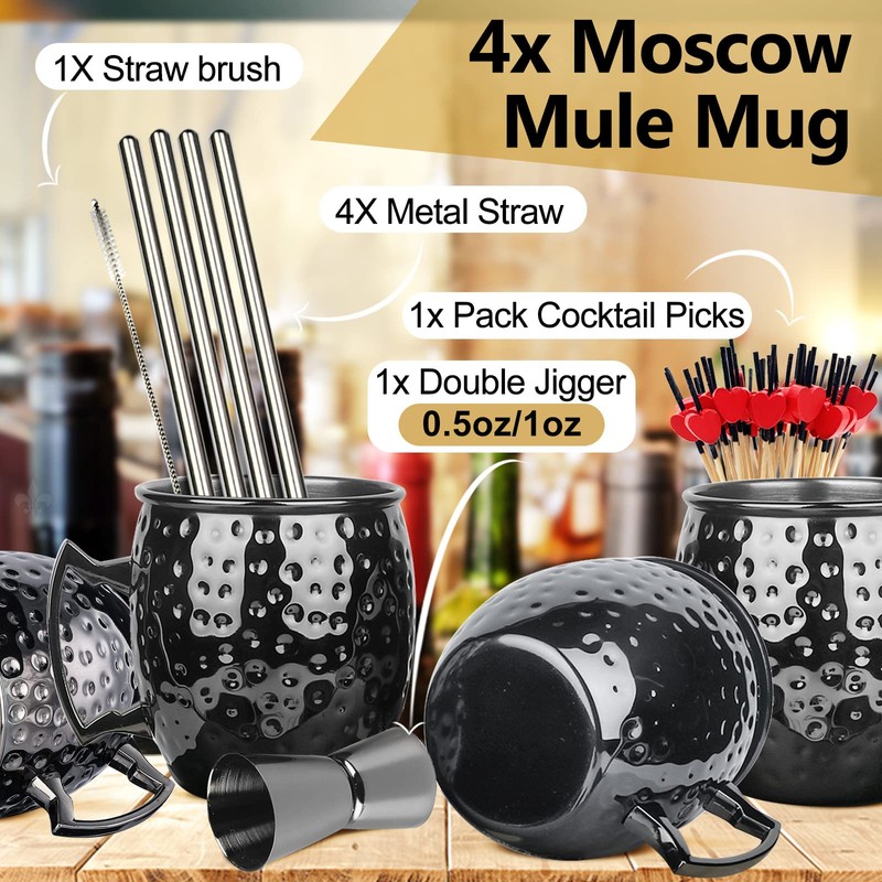 LINALL Moscow Mule Mugs- Set of 4 Gunmetal Black Plated