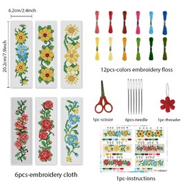 INFUNLY Set of 6 Cross Stitch Bookmarks Set with Rose Flower, DIY Cross Stitch Set, 8 x 2.4 Inches, Pre-Printed Bookmarks with Sunflowers Stamp and Instructions for Beginners, Book Lovers, Adults