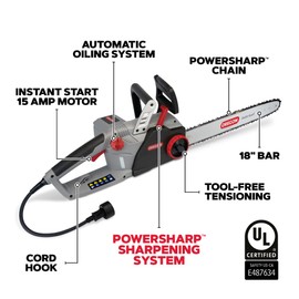 Oregon 2400W Powerful Self-Sharpening Corded Electric Chainsaw with 18-Inch (45cm) Guide Bar, Low Kickback 15 Amp Chainsaw, with Integrated Powersharp Chain, 3-Year Warranty (CS1500)