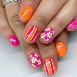 Short Square Press on Nails Flower Fake Nails Orange Pink False Nails with Stripe Flower designs Cute Fale Nails Glossy Full Cover Acrylic Nails Glue on Nails Glitter Nails for Women Summer Holiday